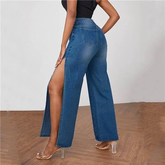 High Waisted Wide Leg Ripped Jeans with High Side Slit and Distressed Denim - Picture 2 of 5